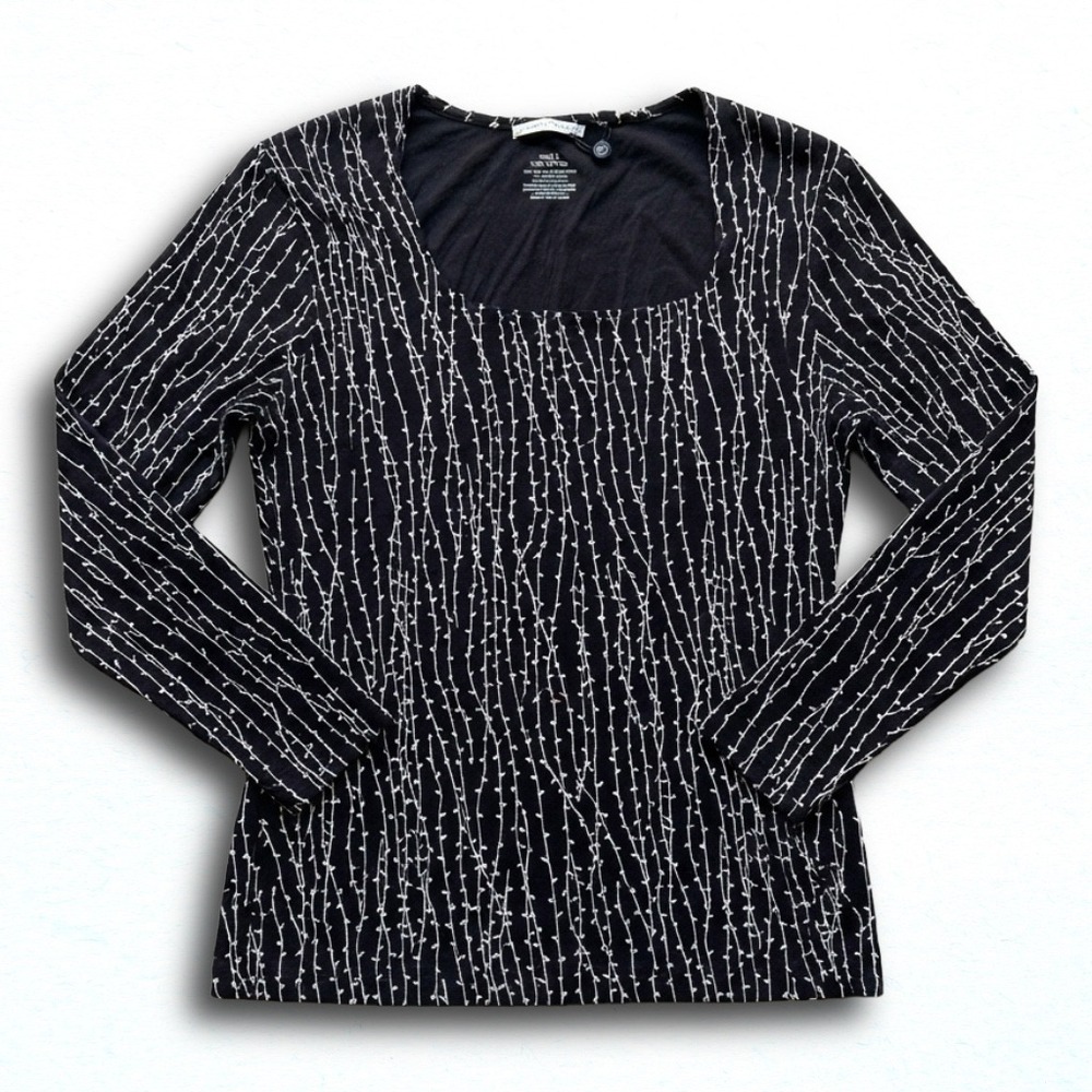 Womens Black White Branch Print Square Neck Long Sleeve Top Stretch Knit